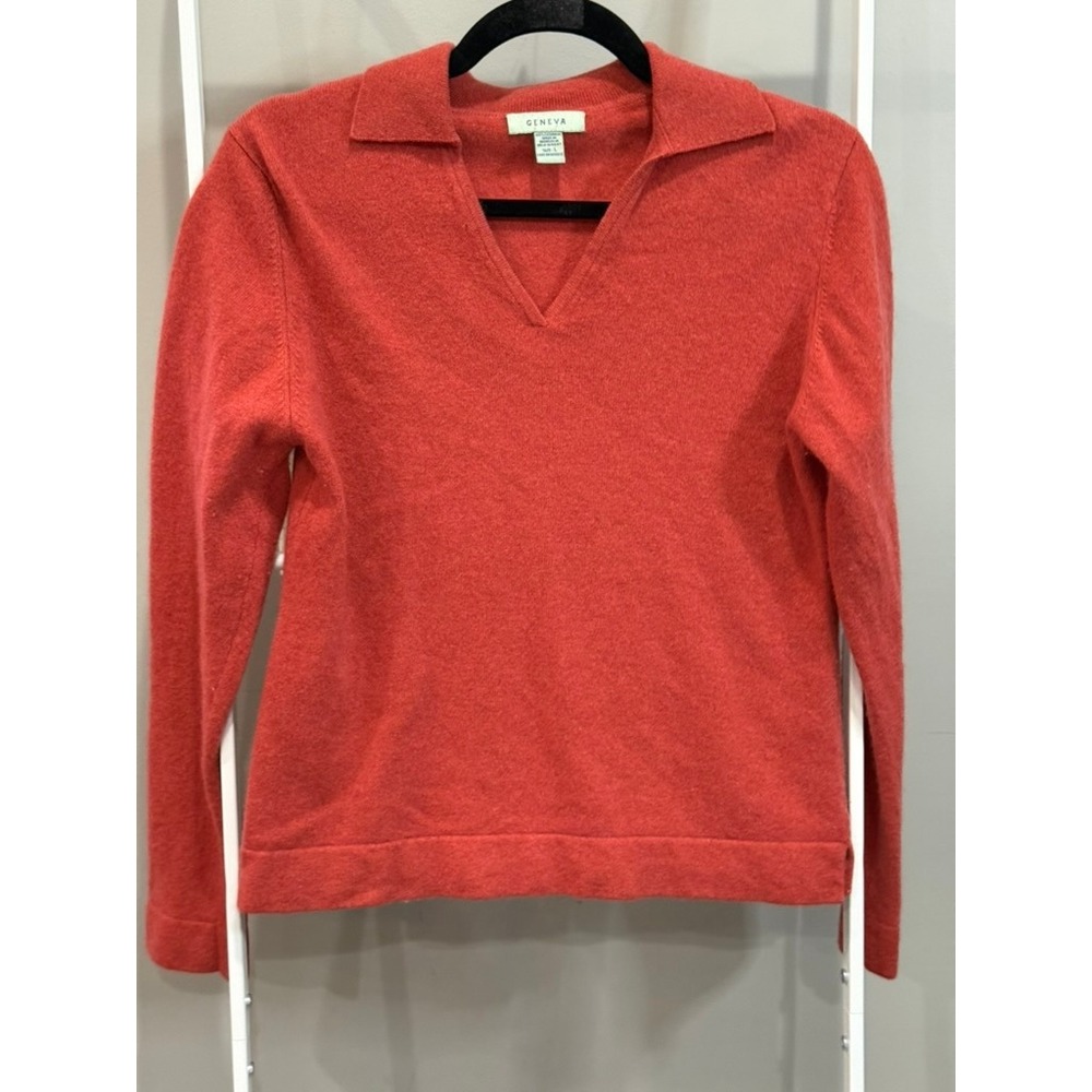 Geneva 100% Cashmere Polo Sweater‎ Orange L VNeck Old Money Quiet Luxury Preppy